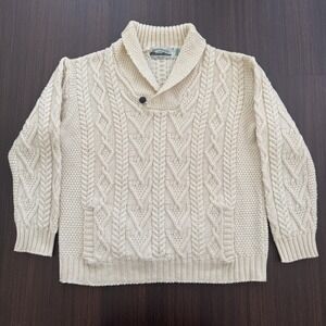 Aran Crafts Wool Sweater 2XL Ivory Cable Knit Ireland Shawl Collar w/ Pockets